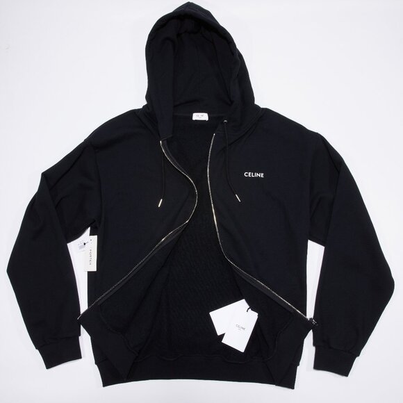 NEW CELINE x Hedi Slimane Loose Zipped Hoodie Black Cotton Fleece Logo XXL 2XL - Picture 1 of 15